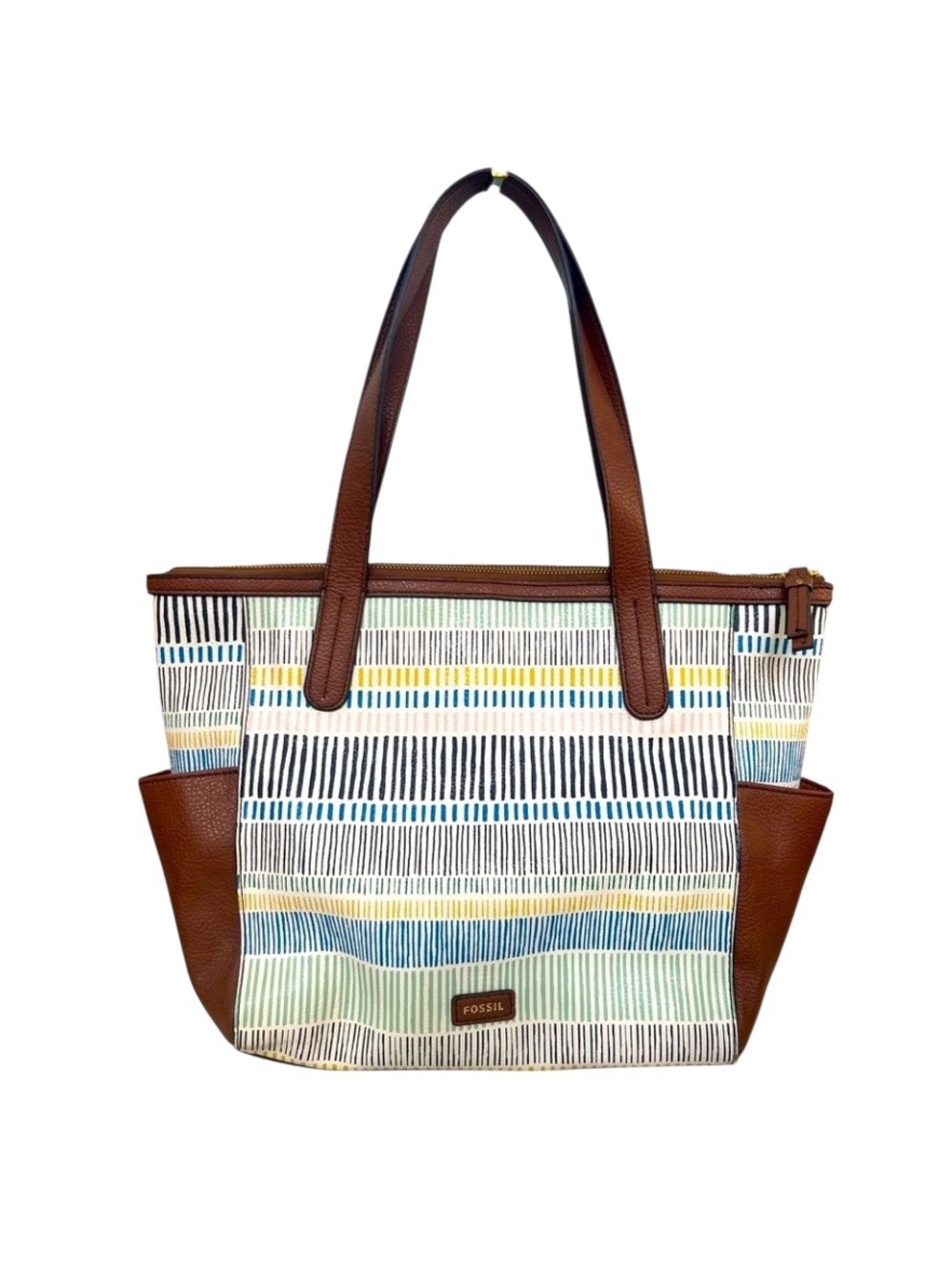Fossil Multicolor Striped & Brown Leather Tote